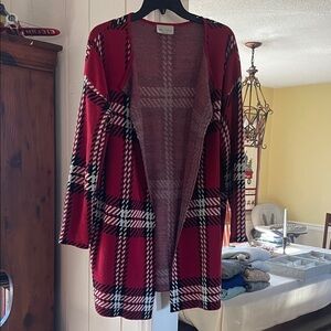 Stylish Red and Black Plaid Open Cardigan